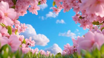 Delicate cherry blossom branches frame a serene sky in a vibrant display of springtime beauty photo