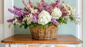 Colorful floral arrangement on an old wooden table with peeling paint adding charm to a cozy room photo