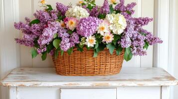 Old wooden table with peeling paint features a vibrant basket of fresh flowers in a cozy indoor setting photo