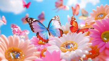 Colorful butterflies fluttering around a vibrant bed of fresh flowers under a bright blue sky during a sunny day in springtime photo