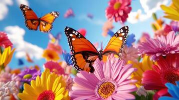 Butterflies fluttering around a vibrant bed of colorful flowers on a sunny day photo