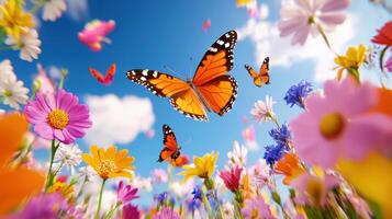Butterflies fluttering joyfully above a lively bed of colorful flowers on a sunny day photo