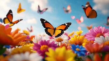 Butterflies fluttering around a vibrant bed of fresh flowers in sunny weather photo