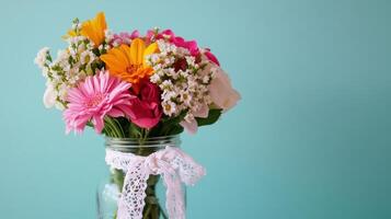 Colorful bouquet in a mason jar decorated with lace against a teal background photo
