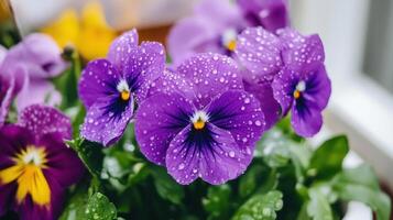 Blooming purple flowers covered in delicate droplets after a gentle rain photo