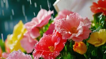 Blooming flowers soaking up gentle rain in a vibrant garden during springtime photo