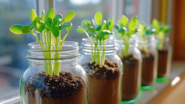 Fresh green sprouts growing in glass jars placed on a sunny windowsill with soil layers visible photo