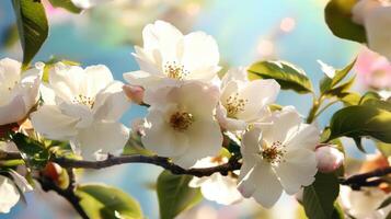 Soft pink and white cherry blossoms bloom beautifully under gentle sunlight in a serene garden setting during springtime photo