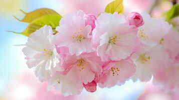 Soft pink and white cherry blossoms blooming under a bright blue sky in springtime photo