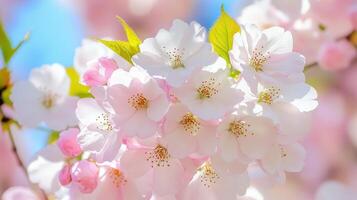 Blossoms of soft pink and white cherry trees bloom vividly in spring sunlight attracting nature lovers and photographers photo