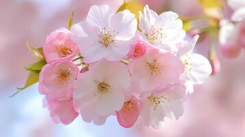 Delicate cherry blossoms in soft pink and white bloom during springtime in a peaceful natural setting photo