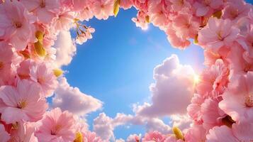 Elegant cherry blossom branches frame a serene blue sky with soft fluffy clouds and sunlight photo