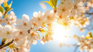 Beautiful cherry blossom branches gracefully reaching toward the sun in a serene spring landscape photo