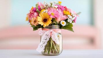 Brightly colored bouquet of flowers in a mason jar with delicate ribbon placed on a table in a cheerful setting photo