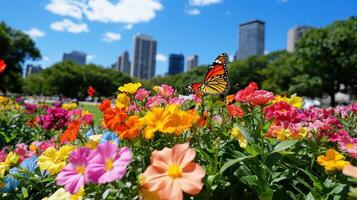Vibrant flowers attract a butterfly in a lively city park during a sunny day photo