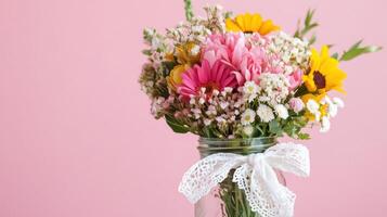 Colorful bouquet of flowers in a mason jar against a soft pink backdrop photo