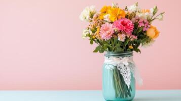 Colorful bouquet in a mason jar against a pink background on a sunny day photo
