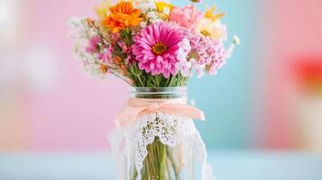 Bright bouquet of wildflowers in a mason jar decorated with lace on a colorful background photo
