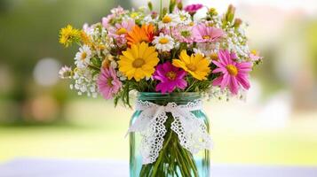 Bright bouquet of wildflowers in a mason jar on a warm sunny day in a garden setting photo
