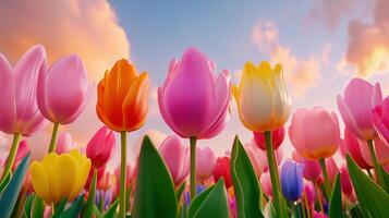 Vibrant tulip field during sunset with colorful blooms against a clear sky photo