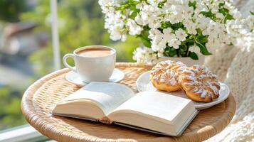 Enjoying a quiet afternoon at an outdoor cafe with a book, coffee, and pastries in a serene setting photo