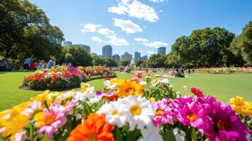 Enjoying a sunny afternoon among vibrant flowers in a city park while people relax and socialize photo