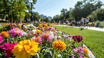 People enjoying a picnic and leisurely stroll among vibrant flowers in a city park on a sunny day photo