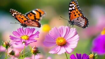 Colorful butterflies flutter around vibrant flowers in a sunny garden photo
