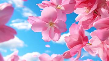 Sakura petals dancing in the air under a bright blue sky during springtime photo