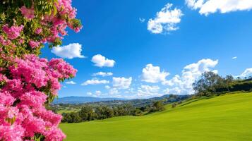 Green hills with flowering trees under a bright blue sky in a tranquil setting photo