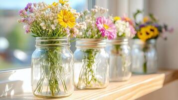 Jars filled with colorful wildflowers on a sunny windowsill highlighting rustic charm and natural beauty photo