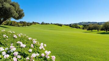 Green hills with blooming trees under a clear blue sky create a peaceful landscape for outdoor relaxation and enjoyment photo