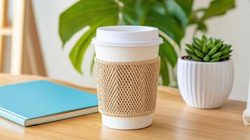 Eco-friendly workspace essentials for a productive day with sustainable coffee options and greenery photo