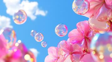 Pink blossoms and soap bubbles create a dreamy atmosphere under a bright blue sky photo