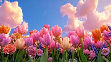 Colorful tulips bloom under a bright sky with fluffy clouds in a peaceful rural setting during golden hour photo