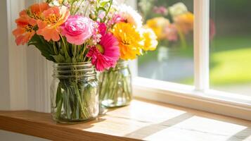 Vibrant wildflower jars enhancing a vintage window sill in bright sunlight photo