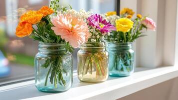 Wildflower jars displayed on a vintage windowsill in bright sunlight creating a cheerful atmosphere photo