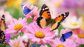 Colorful butterflies flutter around bright flowers on a sunny day in nature's vibrant garden photo