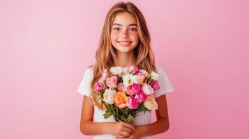 Teen daughter holds a colorful bouquet of flowers in a studio setting with a pink background, showcasing her bright smile and youthful energy photo