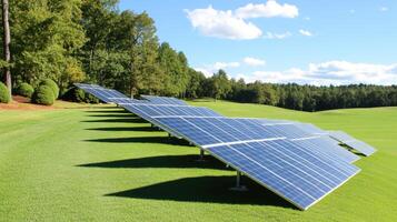 Solar panels installed on a lush green pasture surrounded by trees under a clear blue sky photo
