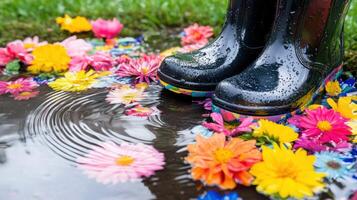 Spring flowers bloom around a puddle while vibrant rain boots stand amid colorful petals photo