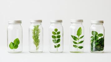Growing sprouts in glass jars showcasing various plant species for home gardening enthusiasts photo
