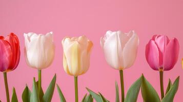 Colorful tulips lined up against a pastel pink background enhancing the beauty of springtime flowers in a vibrant arrangement photo