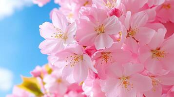 Delicate pink cherry blossoms gently swaying in the spring breeze against a bright blue sky photo