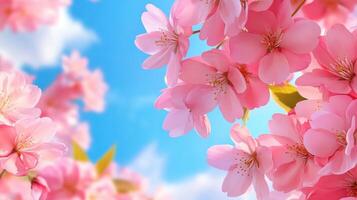 Cherry blossoms gently swaying in the breeze against a bright blue sky during springtime bloom photo