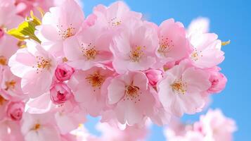 Pink cherry blossoms gently swaying in the breeze under a clear blue sky during the spring season photo