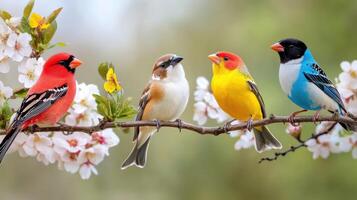 Colorful birds singing on branches in a blooming spring setting photo
