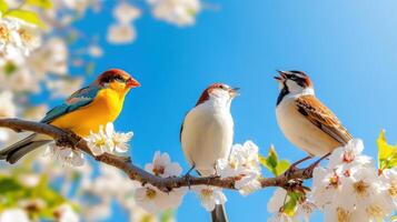 Colorful birds perched on branches singing joyfully amid blossoming flowers in a bright spring sky photo