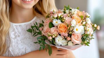 Daughter joyfully presents a bouquet of flowers during a special family gathering at home in a bright and cheerful atmosphere photo