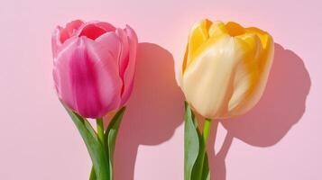 Beautiful tulips in vibrant colors arranged against a soft pink background with subtle shadows photo